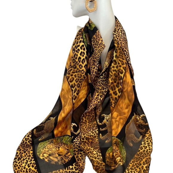 Leopard Silk Scarf Animal Print Square Safari 33" x 33" Bordered Hand Rolled Hem - Picture 1 of 12